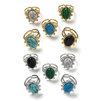 304 Stainless Steel Open Cuff Rings, Synthetic Malachite & Turquoise Oval Finger Rings for Women Men