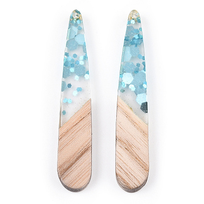 Transparent Resin & White Wood Pendants, Teardrop Charms with Paillettes