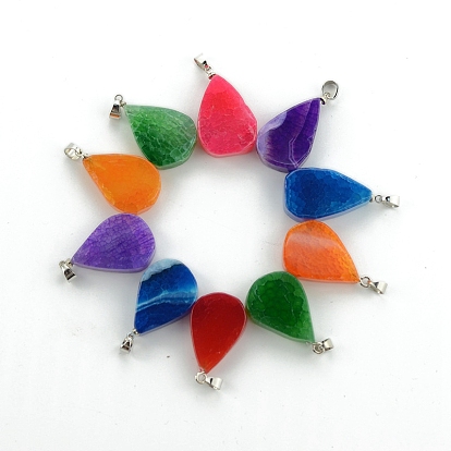 Окрашенные естественный агат подвески, подвески-слезинки с металлическими застежками-кнопками платинового оттенка