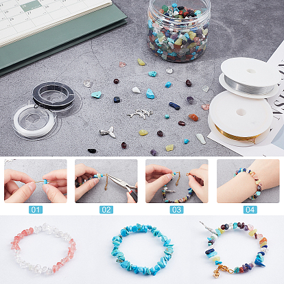Nbeads bricolage bracelets extensibles et pendentifs enroulés de fil faisant des kits, y compris les perles de copeaux de pierres précieuses, fil d'aluminium, fil de perles élastique