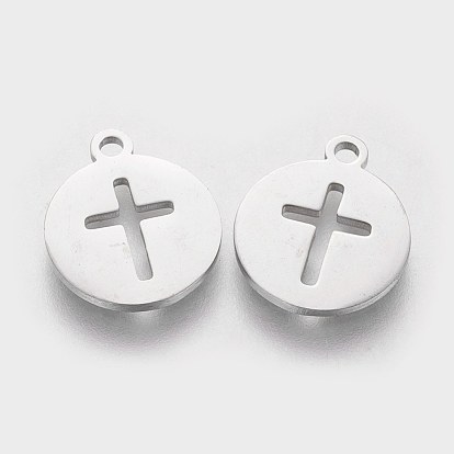 304 Stainless Steel Charms, Flat Round with Cross