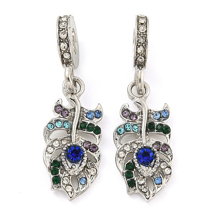 Rack Plating Alloy Pave Colorful Rhinestone Feather European Dangle Charms, Large Hole Pendants, Cadmium Free & Nickel Free & Lead Free