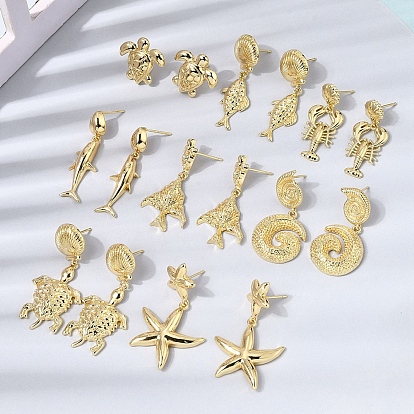 Латунь болтаться серьги, без кадмия и без свинца, реальный 18 k позолоченный, стойки покрытие, долговечный, морская тема