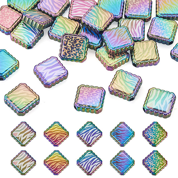 30Pcs Rainbow Iridescent Printed Opaque Acrylic Beads, Squre with Leopard Print