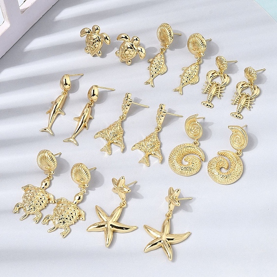 Латунь болтаться серьги, без кадмия и без свинца, реальный 18 k позолоченный, стойки покрытие, долговечный, морская тема