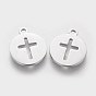 304 Stainless Steel Charms, Flat Round with Cross