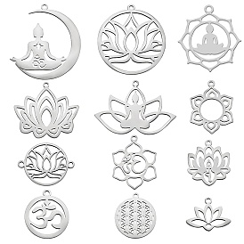 12Pcs 12 Style 201 Stainless Steel Pendants, Laser Cut, Chakra, Mixed Shapes