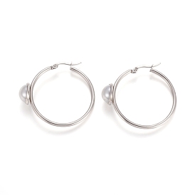 304 Stainless Steel Hoop Earrings, with Acrylic Imitation Pearl, Ring