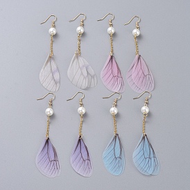 Glass Pearl Dangle Earrings, with Organza Fabric, 304 Stainless Steel Cable Chains and Brass Earring Hooks, Dragonfly Wing