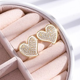 Rack Plating Brass Micro Pave Clear Cubic Zirconia Stud Earrings for Women, with Enamel, Cadmium Free & Lead Free, Long-Lasting Plated, Heart