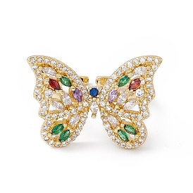 Colorful Cubic Zircon Butterfly Open Cuff Ring, Rack Plating Brass Jewelry for Women, Cadmium Free & Nickel Free & Lead Free