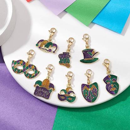 8 шт. 8 стили карнавал/марди гра тема сплав эмаль и блестки порошок подвески украшения, с цинковым сплавом застежками омаров коготь