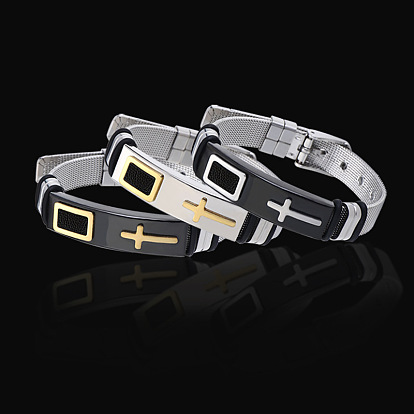 Stainless Steel Rectangle with Cross Link Bracelet with Mesh Chains for Men Women