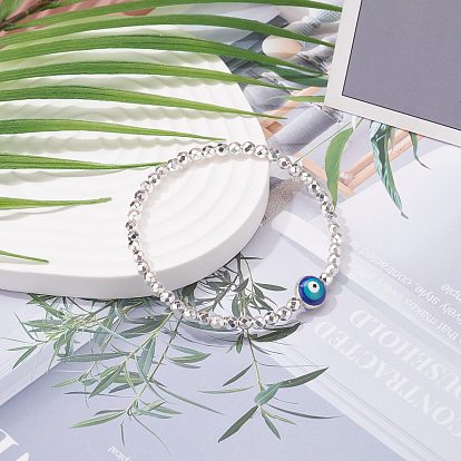 Synthetic Hematite Beads Energy Stretch Bracelet for Teen Girl Women, Evil Eye Alloy Enamel Beads Bracelet, Medium Blue