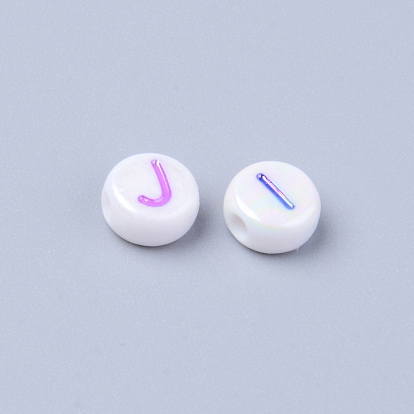 Opaque White Acrylic Beads, Metal Enlaced, Horizontal Hole, Flat Round with Letters