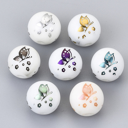 Electroplate Glass Beads, Round with Butterfly Pattern
