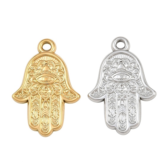 304 Stainless Steel Pendants, Hamsa Hand with Floral Pattern Charms
