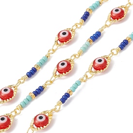 Handmade Eco-friendly Brass Horse Eye Link Chain, with Glass Evil Eye & Seed Beaded, Real 18K Gold Plated, Lead Free & Cadmium Free, Soldered, with Spool