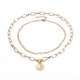 Pendant Necklaces Set, with 304 Stainless Steel Coin Pendants, Glass Pearl Beads and Aluminium Paperclip Chains, Flat Round