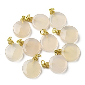 Natural White Agate Pendants, Flat Round Charms with Brass Jump Rings