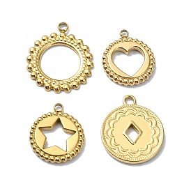 Ion Plating(IP) 304 Stainless Steel Pendants, Real 18K Gold Plated, Flat Round with Star/Heart/Ring/Rhombus Charm