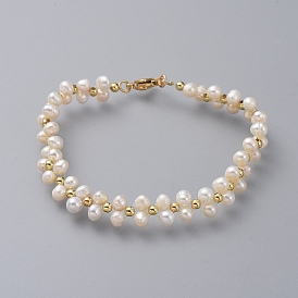 Beaded Bracelets, with Natural Pearl, Brass Beads