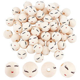 Набивные европейские бусины из натурального дерева, неокрашенными, бусины с большим отверстием, круглый с лицом