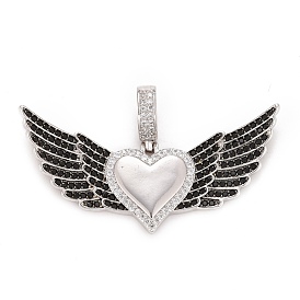 Rack Plating Brass Micro Pave Cubic Zirconia Pendants, Cadmium Free & Lead Free & Nickle Free, Wing with Heart