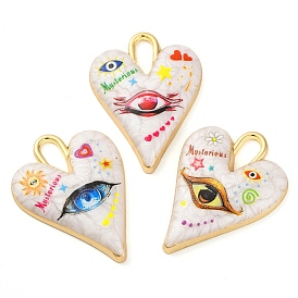 Alloy Enamel Pendants, Light Gold, Heart with Eye Charm