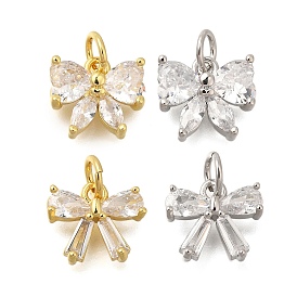 Rack Plating Brass Micro Pave Cubic Zirconia Charms, Lead Free & Cadmium Free, Long-Lasting Plated, Bowknot