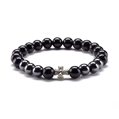 Natural Obsidian & Non-Magnetic Synthetic Hematite Round Beads Energy Stretch Bracelet for Men Women, Cross Alloy Bracelet