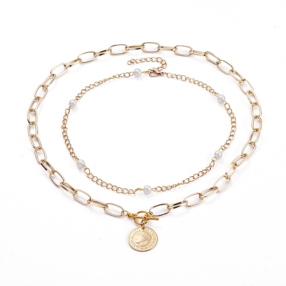 Pendant Necklaces Set, with 304 Stainless Steel Coin Pendants, Glass Pearl Beads and Aluminium Paperclip Chains, Flat Round