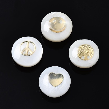 Freshwater Shell Beads, Golden Metal Enlaced, Flat Round with Heart & Tree & Peace Sign & Smiling Face