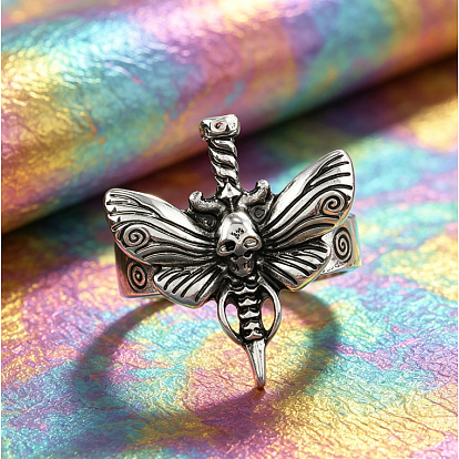 Alloy Cuff Open Rings, Butterfly with Skull