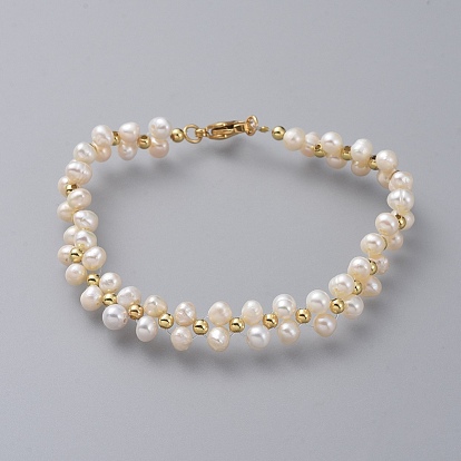 Beaded Bracelets, with Natural Pearl, Brass Beads