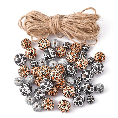 DIY Wood Beaded Pendant Display Decoration Making Kit, Including Leoparid & Cow Printed Natural Wood Round Beads, Jute Cord