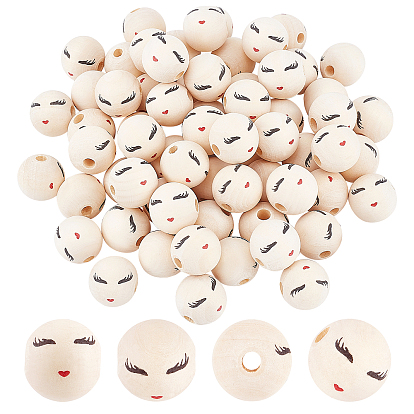 Набивные европейские бусины из натурального дерева, неокрашенными, бусины с большим отверстием, круглый с лицом