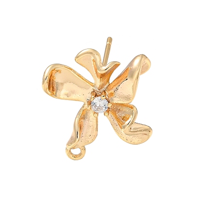 Brass Micro Pave Cubic Zirconia Stud Earring Findings, Cadmium Free & Nickel Free & Lead Free, Flower
