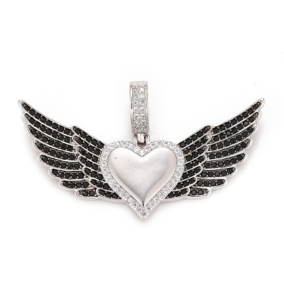 Rack Plating Brass Micro Pave Cubic Zirconia Pendants, Cadmium Free & Lead Free & Nickle Free, Wing with Heart