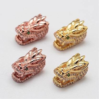 Brass Micro Pave Grade AAA Cubic Zirconia Beads, Dragon Head, Lead Free & Nickel Free & Cadmium Free