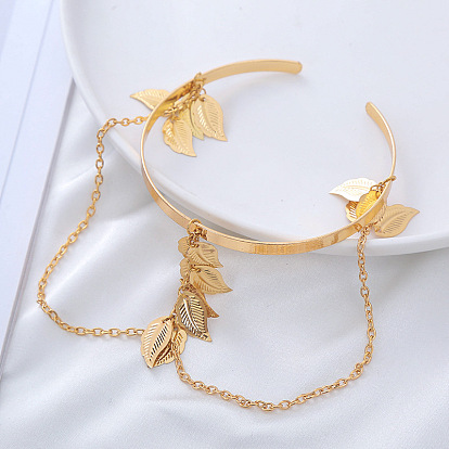 Chic Metal Leaf Arm Cuff with Chain - Fashionable Street Style Bracelet for Women