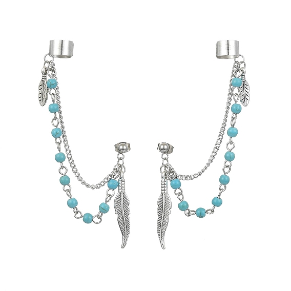 Серьги-гвоздики из сплава в тибетском стиле с перьями и манжетой для ушей, серьги с кисточками и цепочкой из синтетических зеленых бирюзовых бусин