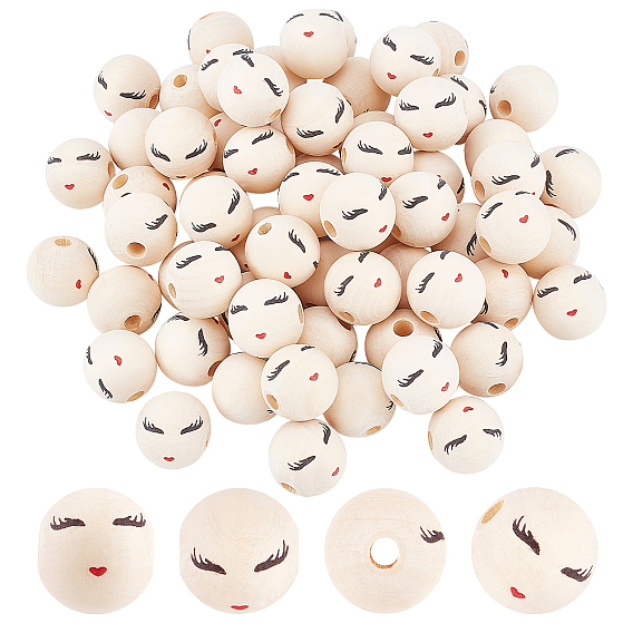 Набивные европейские бусины из натурального дерева, неокрашенными, бусины с большим отверстием, круглый с лицом
