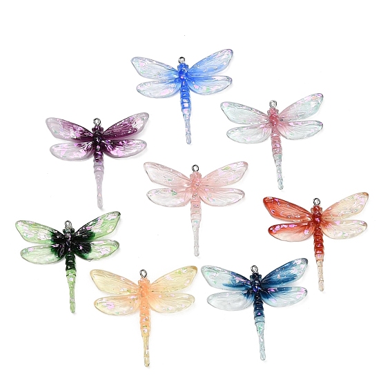 Gradient Color Transparent Resin Big Pendants, Dragonfly Charms, with Platinum Iron Loop
