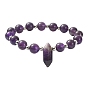 Mixed Natural Gemstone Round & Bullet Beaded Bracelets, with 304 Stainless Steel Beads