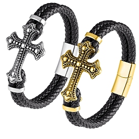 Woven Leather Bracelets, with Stainless Steel Cross