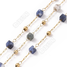 Natural Gemstone Square Beaded Chains, with Golden 304 Stainless Steel Findings, Unwelded