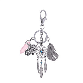 Alloy & Glass Pendant Keychain, with Iron Key Ring, Woven Net/Web with Feather & Bullet & Hamsa Hand