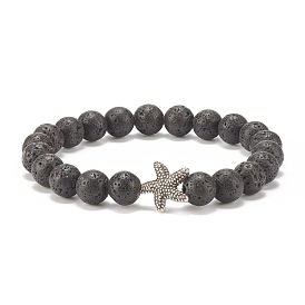 Natural Lava Rock Stretch Bracelet with Alloy Starfish, Essential Oil Gemstone Jewelry for Women
