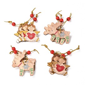 Christmas Theme Wood Big Pendant Decorations, with Hemp Rope and Wood Beads, Reindeer/Stag & Angel